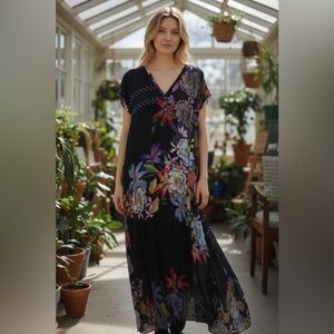 Johnny Was Floral Black Maxi Dress Size Medium $650 Retail